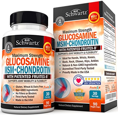 Glucosamine Chondroitin MSM Turmeric with Patented Fruitex-B. Extra Strength Joint Pain Relief Pills for Back, Knees, Hips, Hands Wrists w/ Hyaluronic Acid and Collagen. Gluten Free Non-GMO Supplement