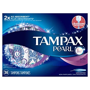 Tampax Pearl Plastic Tampons, Ultra Absorbency, Unscented, 36 Count (Packaging May Vary)