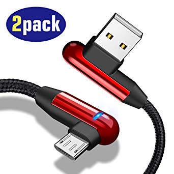 Right Angle Micro USB Cable with LED Light, CAFELE 2 Pack 4ft 90 Degree Android Charger Nylon Braided Reversible Micro USB Charging Cord Compatible for Android, Samsung, Nexus, LG, HTC, Nokia – Red