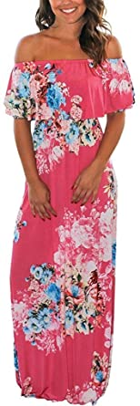 MIDOSOO Womens Side Slit Off Shoulder Ruffled Long Printed Foral Maxi Dress with Pockets