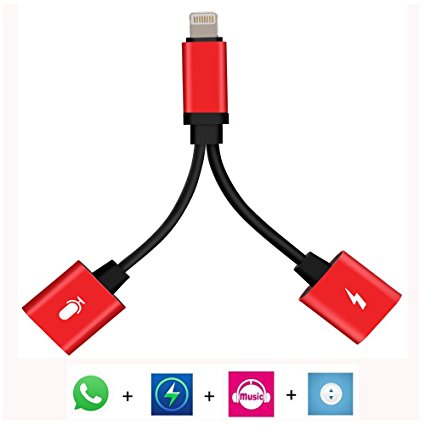 iphone Lightning Charge & Audio Cable, Lightning to Double Lightning 2 Lightning Port For iPhone 7/ iPhone 7 Plus/ iPad, Support Music Control, Charger and Phone Communication (Black-Red) (red)
