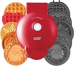 DASH Holiday Multimaker Mini System - Waffle Maker with Six 4” Removable Holiday Plates: Waffle Iron & Griddle, 4-in-1 Mini Waffle Maker for Kids and Families – Nonstick Surface, Just Add Batter (Red)