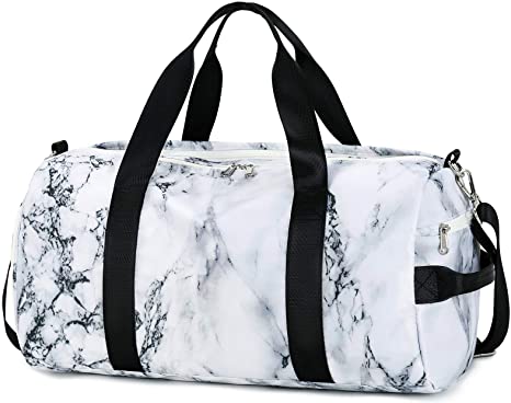 Sport Gym Duffle Travel Bag for Men Women with Shoe Compartment, Wet Pocket (Marble-White)