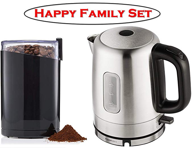 Happy Family Set ❤ Stainless Steel Electric Kettle and Electric Coffee Grinder, Spice Grinder, Stainless Steel Blades, 3 Ounce, Black