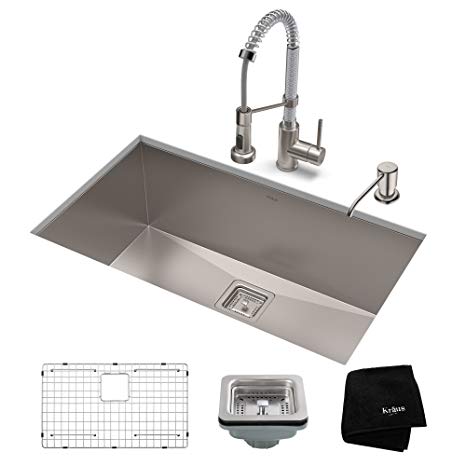 KRAUS KHU32-1610-53SSCH Set with Pax Bolden Commercial Pull Stainless Steel Chrome Kitchen Sink & Faucet Combo, Stainess