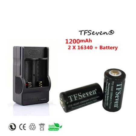 TFSeven® 2 Pack 1200mAh 3.7V CR123A 16340 Li-ion Rechargeable Battery With 16340 Charger (2batteries with charger)