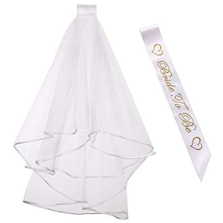 iLoveCos Bride to Be Sash Hen Do Accessories Bridal Wedding Veil with Comb White 2pcs