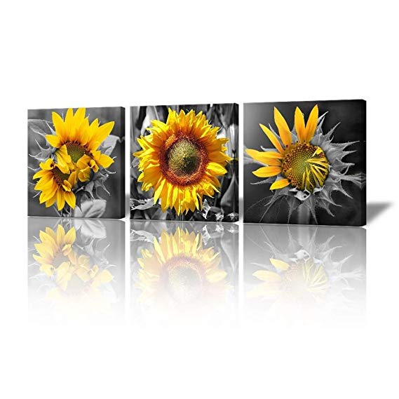 Bedroom Wall Decor Modern Sunflower Decor for Bedroom Bathroom Kithen Wall Decor Black and White Yellow Canvas Art Wall Decoration for Office 3 Piece Canvas Wall Art Set Sunflower Art Picture Framed
