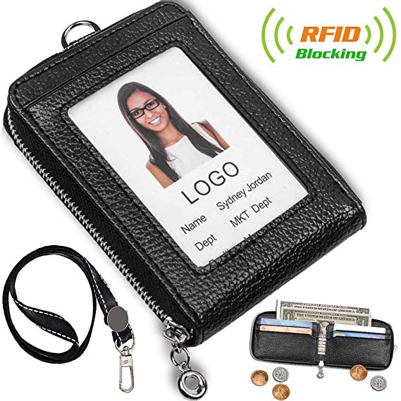 ACCTREND Badge Holder, Zipper Pocket - Leather Wallet with RFID Blocking, Black (AcctrendBWP)