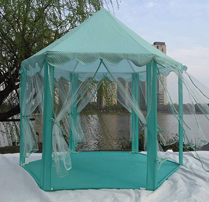 Pericross Hexagon Princess Play Tent with 33ft 100 LED Diodes AA Battery Powered Brass Wire Lights (Cyan)