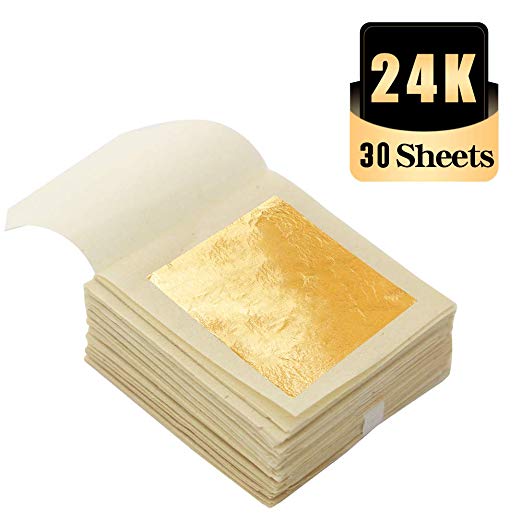 KINNO Edible Gold Leaf Sheets 30 Sheets 1.7" x 1.7" 24K Yellow Real Gold for Facial Mask, Makeup, Spa, Crafts, Gilding, Art, Bakery Food and Drink Decorations- Cake, Dessert, Coffee or Wine