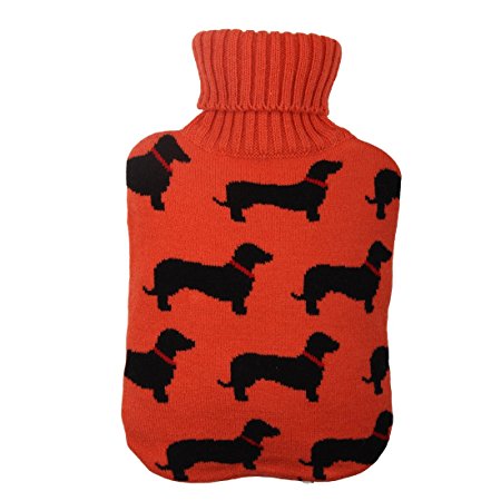 Large 2 Liter Soft Cute Hot Water Bottle Knit Cover - ONLY Cover (2 L, Red with Black Dog)