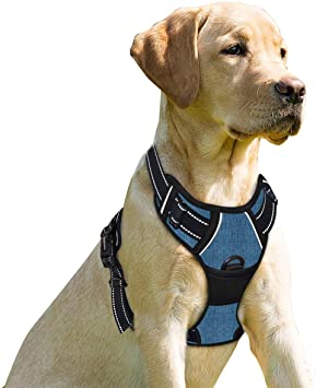 BARKBAY No Pull Dog Harness Front Clip Heavy Duty Reflective Easy Control Handle for Large Dog Walking(Dark Blue,L)