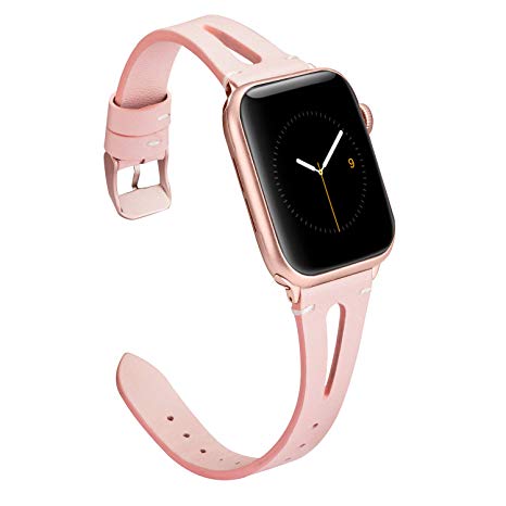 Wearlizer Womens Rose Pink Leather Compatible with Apple Watch Bands 42mm 44mm for iWatch Special Triangle Hole Strap Wristband Sport Replacement Bracelet (Metal Rose Gold Buckle) Series 5 4 3 2 1