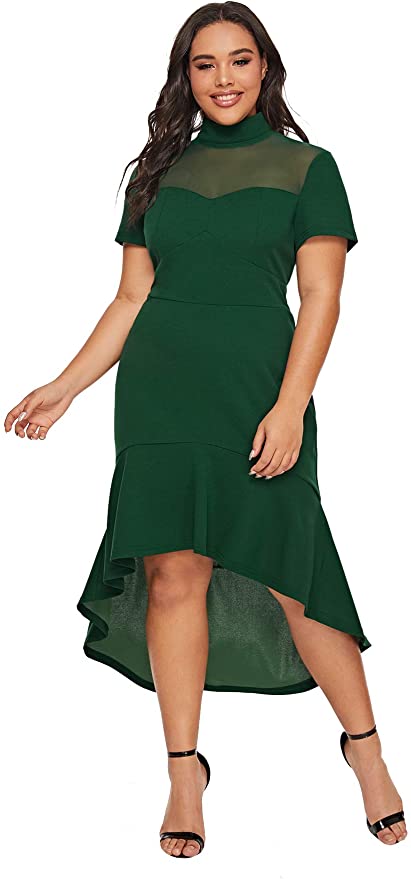 Milumia Women's Plus Size Mesh Frill Ruffle Round Neck Pencil Party Dress