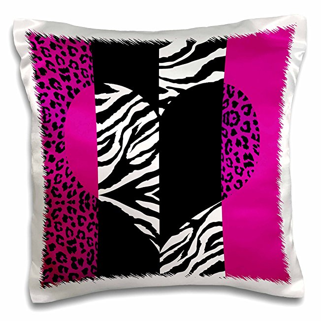 3dRose Pink black and White Animal Print-Leopard and Zebra Heart-Pillow Case, 16 by 16" (pc_35437_1)