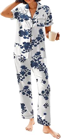 Ekouaer Silk Satin Pajamas Set Floral Print Button Down Pjs Soft Loungewear