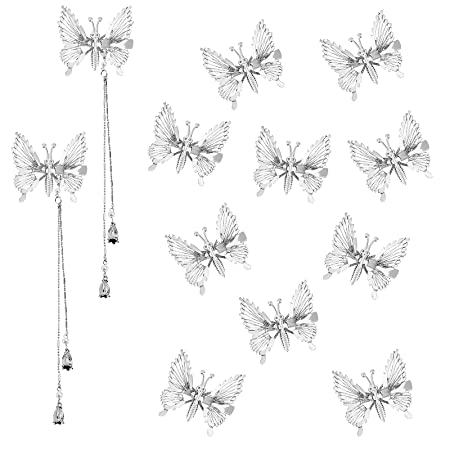 3D Moving Butterfly Hair Clips, Metal Tassel Butterfly Hair Clips Hairpins Cute Silver Hollow Butterfly Hair Accessories for Women Girls(12 pcs,Silver)