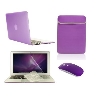 TopCase Macbook Air 11" 5 in 1 Bundle, Purple Rubberized Hard Case, Sleeve, Wireless Mouse, TPU Keyboard Cover, Screen Protector, Top Case Mouse Pad