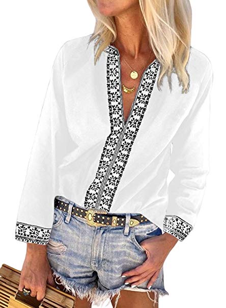 FARYSAYS Women's Boho Embroidered V Neck Long Sleeve Casual T-Shirt Tops Loose Blouse