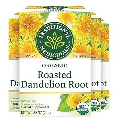 Traditional Medicinals Organic Roasted Dandelion Root Herbal Tea, Supports Healthy Digestion, (Pack of 4) - 64 Tea Bags Total