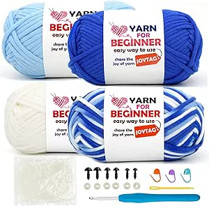 4 Pack Rainbow Beginner Crochet Yarn for Crocheting and Knitting Multicolor Cotton Crochet Yarn for Beginners with Easy-to-See Stitches Cotton-Nylon Blend Easy Yarn for Beginners(Blue Tone)