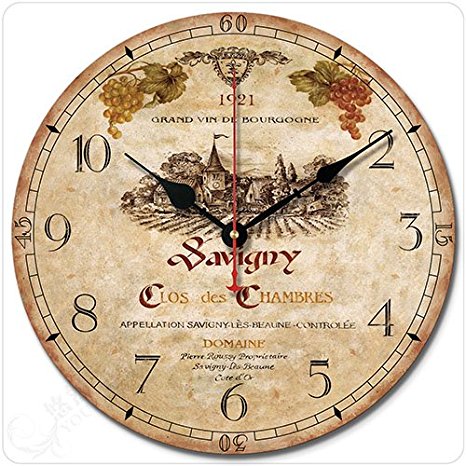 12" Retro Vintage Wine Estate French Style Non-Ticking Silent Wooden Wall Clock Art Decoration.