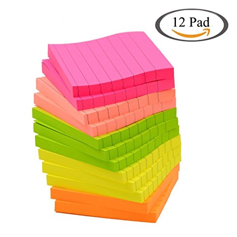 Sticky Notes, Memo Self-Stick Notes, Lined ,3X3 Inches 80 Sheets/Pad 12 Pad/Pack, 5 Colors
