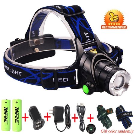 Mifine Waterproof LED Headlamp with Zoomable 3 modes 1000 Lumens light hands-free headlight with Rechargeable batteries for biking camping hunting running rainy weather