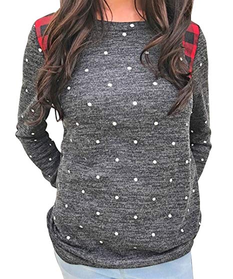 Shele Womens Polka Dot Sweatshirt Long Sleeve Elbow Patches Plaid Sweater Hoodie Pullove Tops