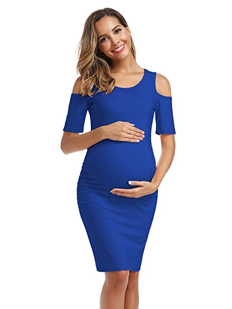 EzTree Women's Cold Shoulder Bodycon Maternity Dress Half Sleeve Fitted Ruched Sides Casual Pregnancy Clothes