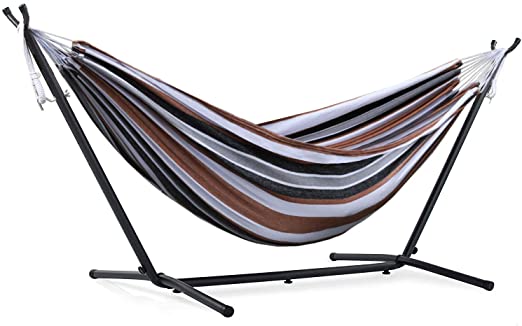 OUTDOOR WIND 550lbs Capacity Double Hammock Adjustable Hammock Bed with 10ft Heavy Duty Steel Stand Includes Portable Carrying Case, Easy Set up