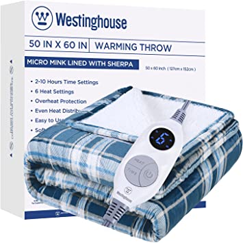 Westinghouse Electric Blanket Heated Throw Blanket, Plaid Sherpa Heating Blanket, 6 Heat Settings & 2-10 Hours Time Settings, Teal Plaid, 50x60in