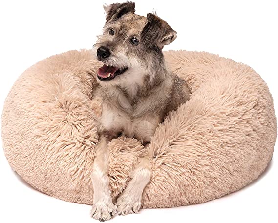 Long Plush Comfy Calming & Self-Warming Bed for Cat & Dog, Anti Anxiety, Furry, Soothing, Fluffy, Washable, Abbyspace, Marshmellow Pet Donut Bed (XXL(45''D×9''H), Tan)