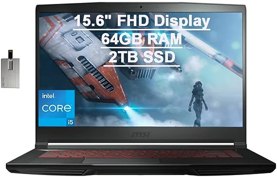 2021 MSI GF63 Thin Gaming 15.6" FHD Laptop Computer, Intel Core i5-10300H (Beats i7-9750H), 64GB RAM, 2TB PCIe SSD, Backlit Keyboard, GeForce GTX 1650 MaxQ, HD Webcam, Win 10, Black, 32GB USB Card