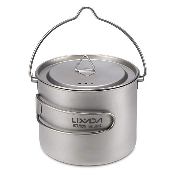 Lixada Titanium Cup Pot,Ultralight Portable Cup Hanging Pot with Lid and Foldable Handle for Outdoor Camping Hiking Backpacking (900/1600ml)