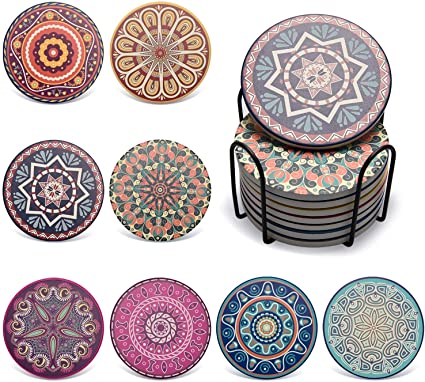 Absorbing Stone Mandala Coasters for Drinks by Penta Stars - Set of 8 Multicolors Absorbent Stone Coasters with Holder, 4 Inches Coasters for Drinks with Cork Base, Unique Present for Friends