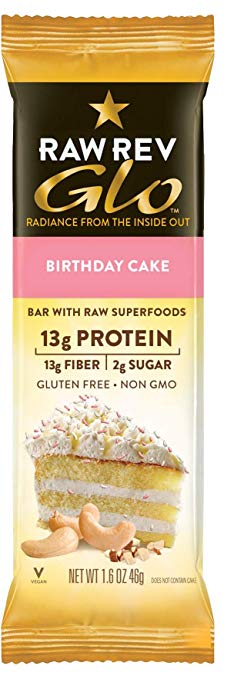 Raw Rev Glo Protein Bars, Birthday Cake, 1.6 oz bar (Pack of 12)