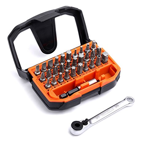 Tacklife 32pcs 1/4" Mini Ratchet Screwdriver Bit Set, Extension Bit Holder and Socket Adapter Included, High Torque 72-Tooth Gearhead, 30 Multi Bits for Ratchet Wrench, Screwdriver or Drill, HBWS1A