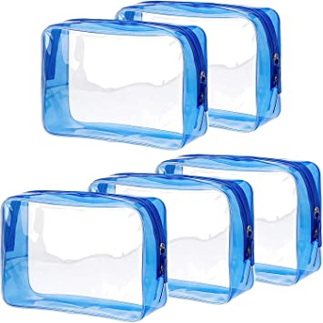 Pangda 5 Pack Clear PVC Zippered Toiletry Carry Pouch Portable Cosmetic Makeup Bag for Vacation, Bathroom and Organizing (Large, Blue)