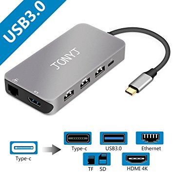 Thunderbolt 3 USB C Hub/Adapter, JONYJ 9-in-1 Type c Mcbook Pro Hub with 4K HDMI/ Type C Charging /1000 Ethernet Port, 3 USB 3.0 Ports, SD & TF Card Read for MacBook Pro 2015/2016,Chromebook and more