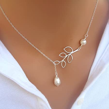 FXmimior Silver Pearl Plated Leaf Shapped Pendant Long Chain Necklace Women Fashion Jewelry