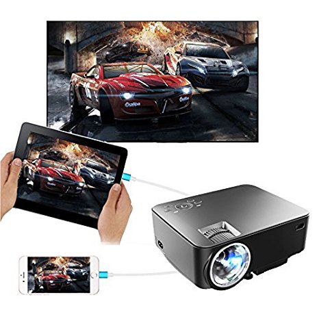 Video projector , JIFAR 2017 Synchronize Smart phone Screen mini Projector, 170” 1500 Lumens Portable Multimedia HD 1080P LED Projector for iPhone iPad Android Phone Black