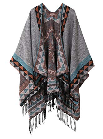 Urban CoCo Women's Printed Tassel Open front Poncho Cape Cardigan Wrap Shawl