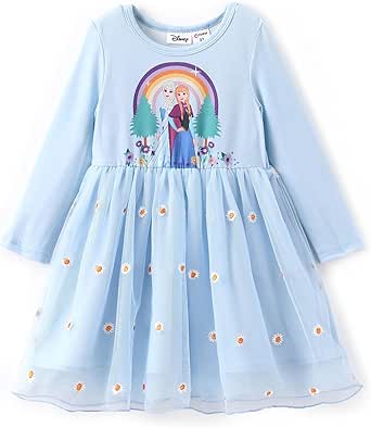 Disney Frozen Elsa Princess Cinderella Ariel Jasmine Rapunzel Baby/Toddler Dress, Ruffle Long-Sleeve Mesh Overlay Tulle Dress