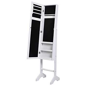 Giantex Mirrored Jewelry Cabinet Mirror Organizer Armoire Storage Box Ring W/stand (White)