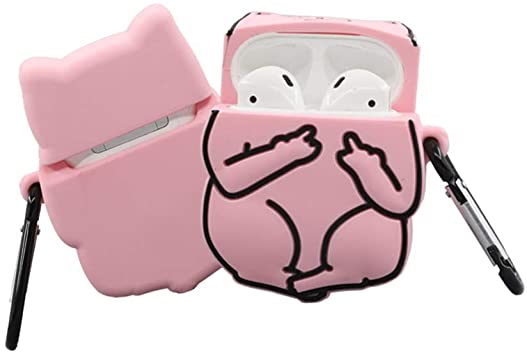 Airpods 1/2 Case Cover,3D Cute Cartoon Animal Funny Fun Cool Kawaii Fashion Finger Cat,Soft Silicone Airpod Character Skin Carabiner,Girls Boys Teens,Case for Air pods 1&2-Pink
