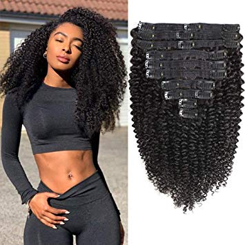 Kinky Curly Clip in Human Hair Extensions Brazilian 8A Grade Human Hair for Black Women Real Soft Thick Afro Kinky Curly Hair Clip Ins 3c 4a,Blends Well,Natural Black Color,10/Pcs,120 Gram,14 Inch