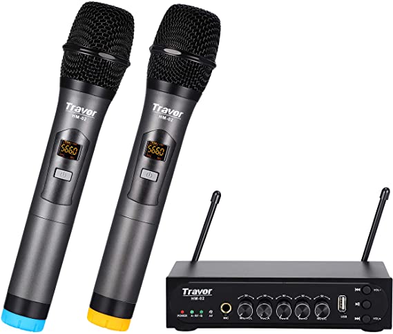 Travor UHF Dual Channel Wireless Handheld Dynamic Microphone with Adjustable Echo, Volume, Multifunctional Receiver for Karaoke Singing, Wedding, Amplifier, Speech, Party, 260ft Range