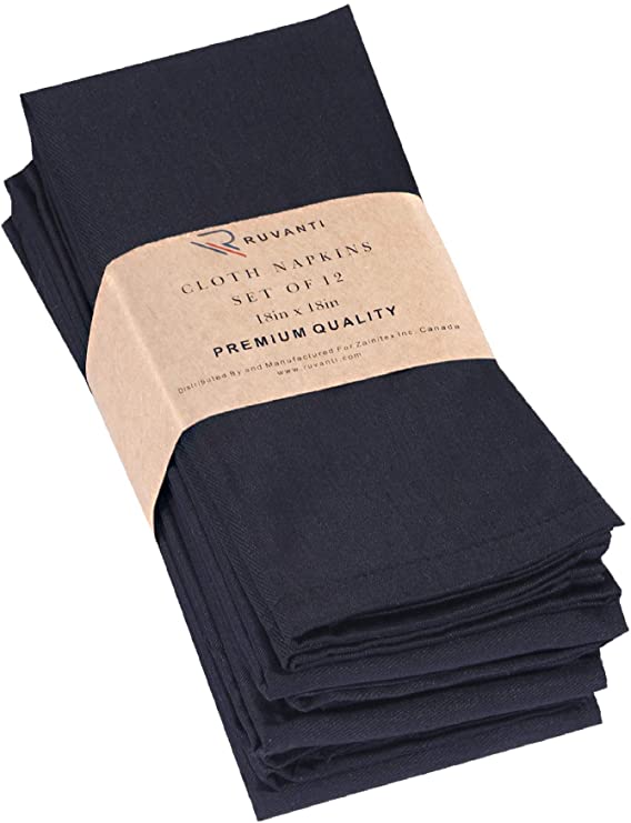 Ruvanti Black Cloth Napkins 12 Pack (18" X18"), Black Linen Napkins - Soft,Durable,Comfortable &Reusable Poly Cotton Napkins -Everyday Use Perfect Cocktail Napkins/Dinner Napkins/Table Napkins.